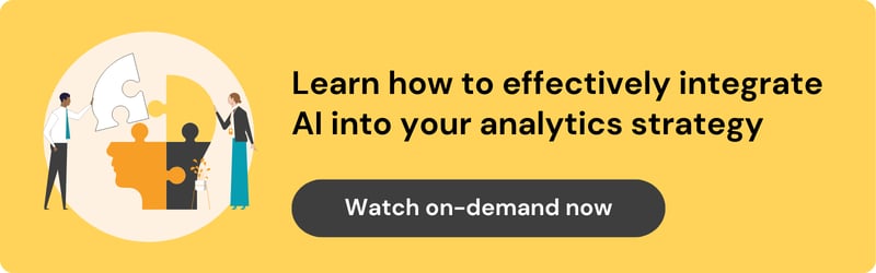 On the left is an illustration of two people putting together a puzzle shaped like a human head. On the right the text reads "learn how to effectively integrate AI into your analytics strategy. Watch on-demand now."