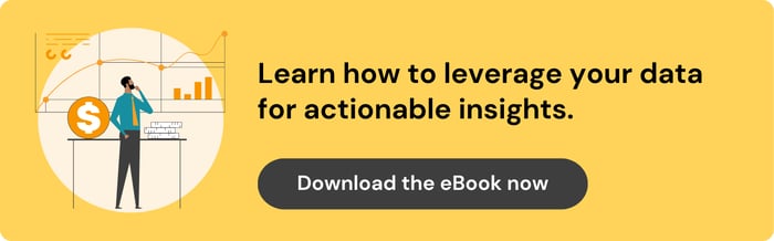 Graphic with image and text. The image on the left is an illustration of a person thinking deeply about a series of charts around him. On the left the text reads: "Learn how to leverage your data for actionable insights. Download the eBook now."