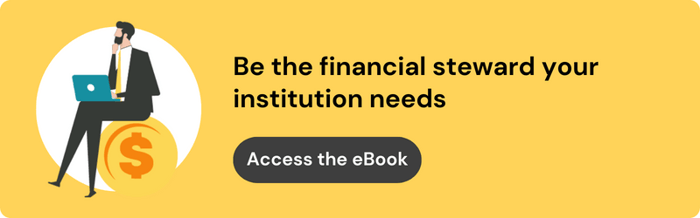 ID: On the left is an illustration of a person, thinking, while sitting on a giant coin. On the right the text reads "be the financial steward your institution needs. Access the ebook."