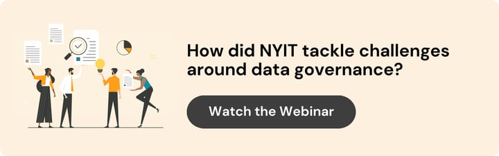 On the left is an illustration of several people analyzing charts and data together. On the right the text reads: How did NYIT tackle challenges around data governance? Watch the webinar.