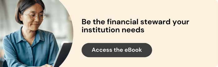 ID: On the left is a close up shot of a woman reading her computer screen and smiling. On the right is text that reads: "Be the financial steward your institution needs. Access the eBook.".