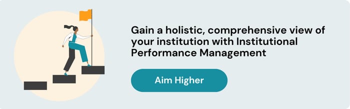 Graphic. On the left is an illustration of a person climbing up steps with a flag of victory. On the left is text that reads "Gain a holistic, comprehensive view of your institution with Institutional Performance Management. Aim Higher."