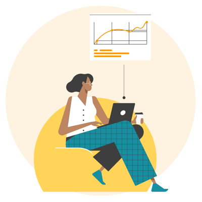 illustration of a woman sitting on a yellow bean bag reading a data chart on her laptop