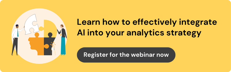 Graphic with an illustration of two people putting together large puzzle pieces that form a human head on the left. Text on the right reads: "Learn how to effectively integrate AI into your analytics strategy. Register for the webinar now."